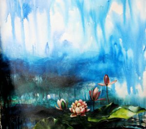 Lotus and rain, 34 x 34 inches.